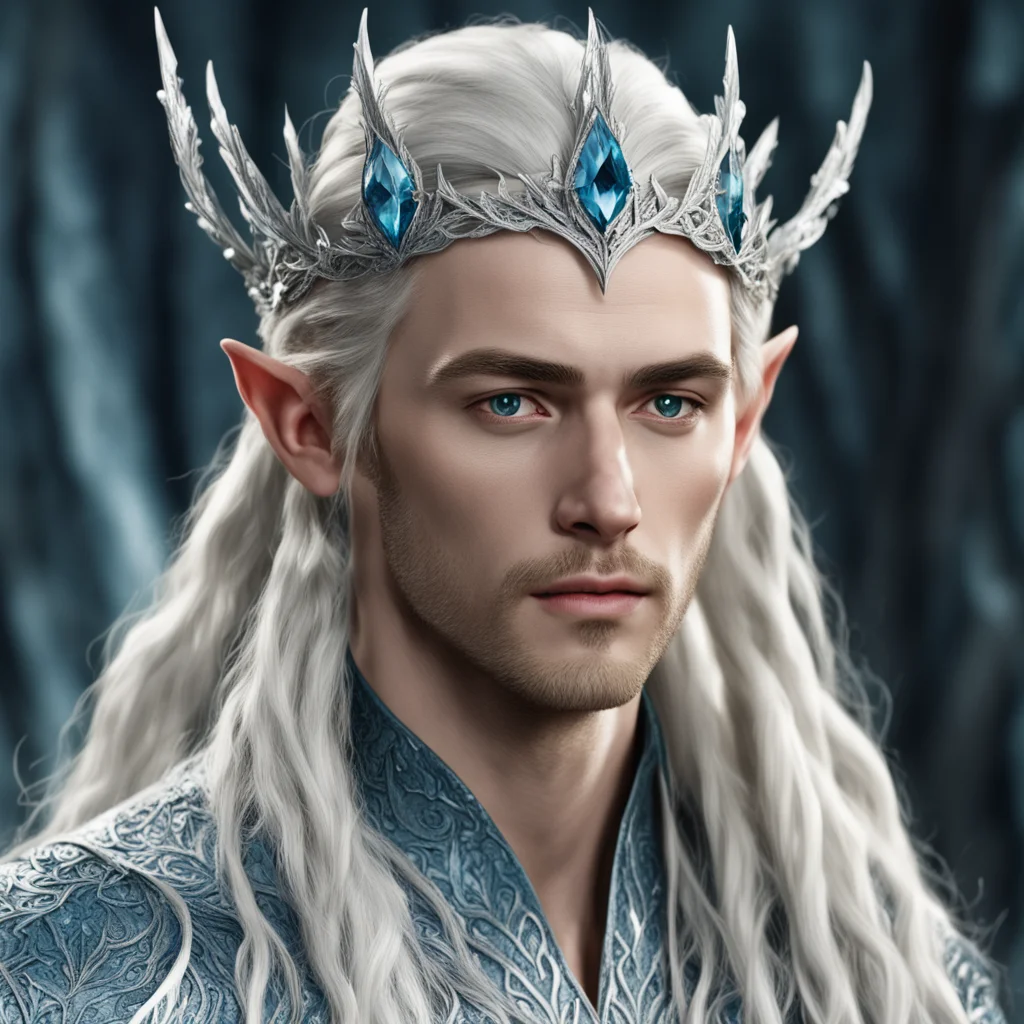 king thranduil with blond hair and braids wearing silver cedar leaves encrusted with diamonds with large diamond clusters to form a silver elvish circlet with large center bluish diamond good lookin