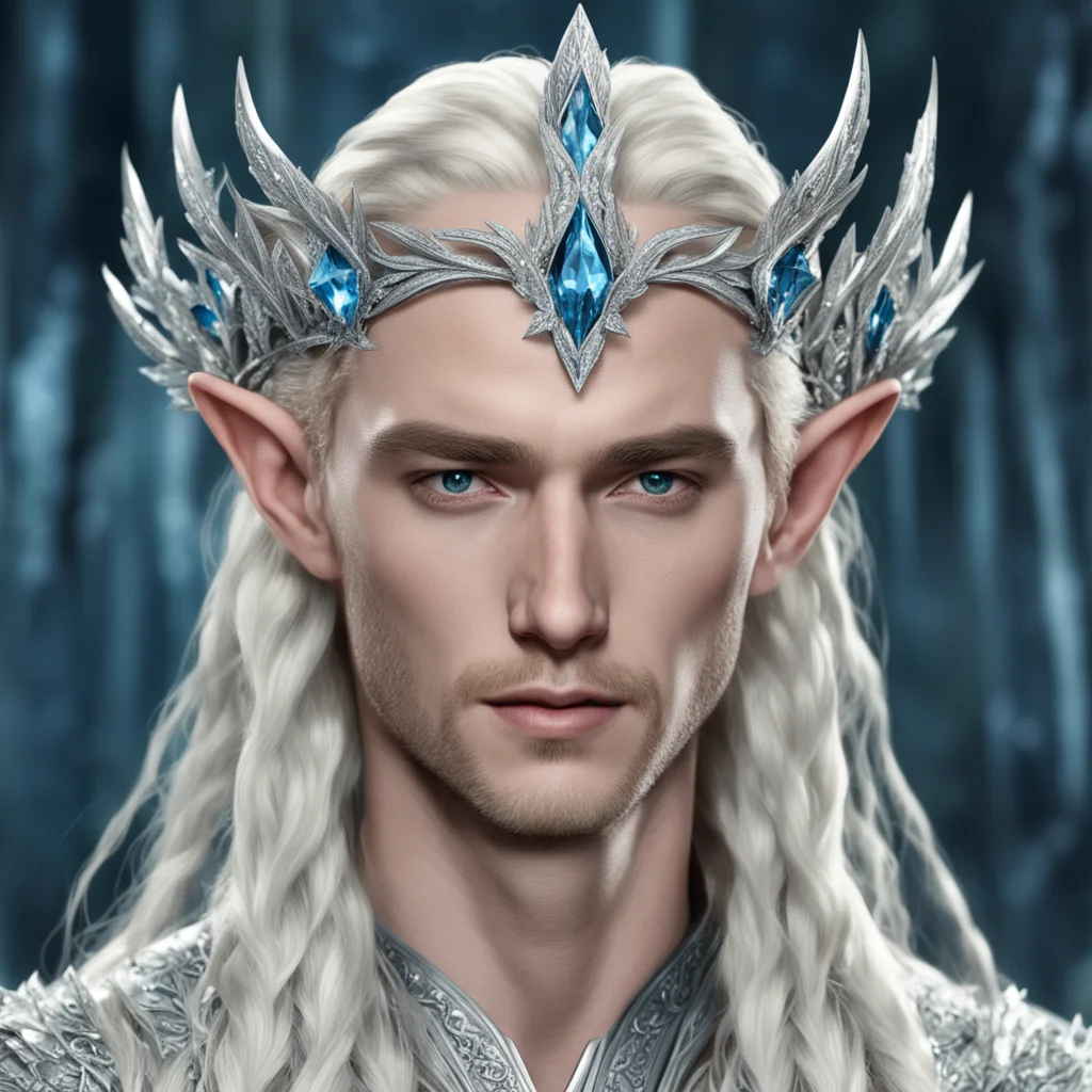 king thranduil with blond hair and braids wearing silver cedar leaves encrusted with diamonds with large diamond clusters to form a silver elvish circlet with large center bluish diamond