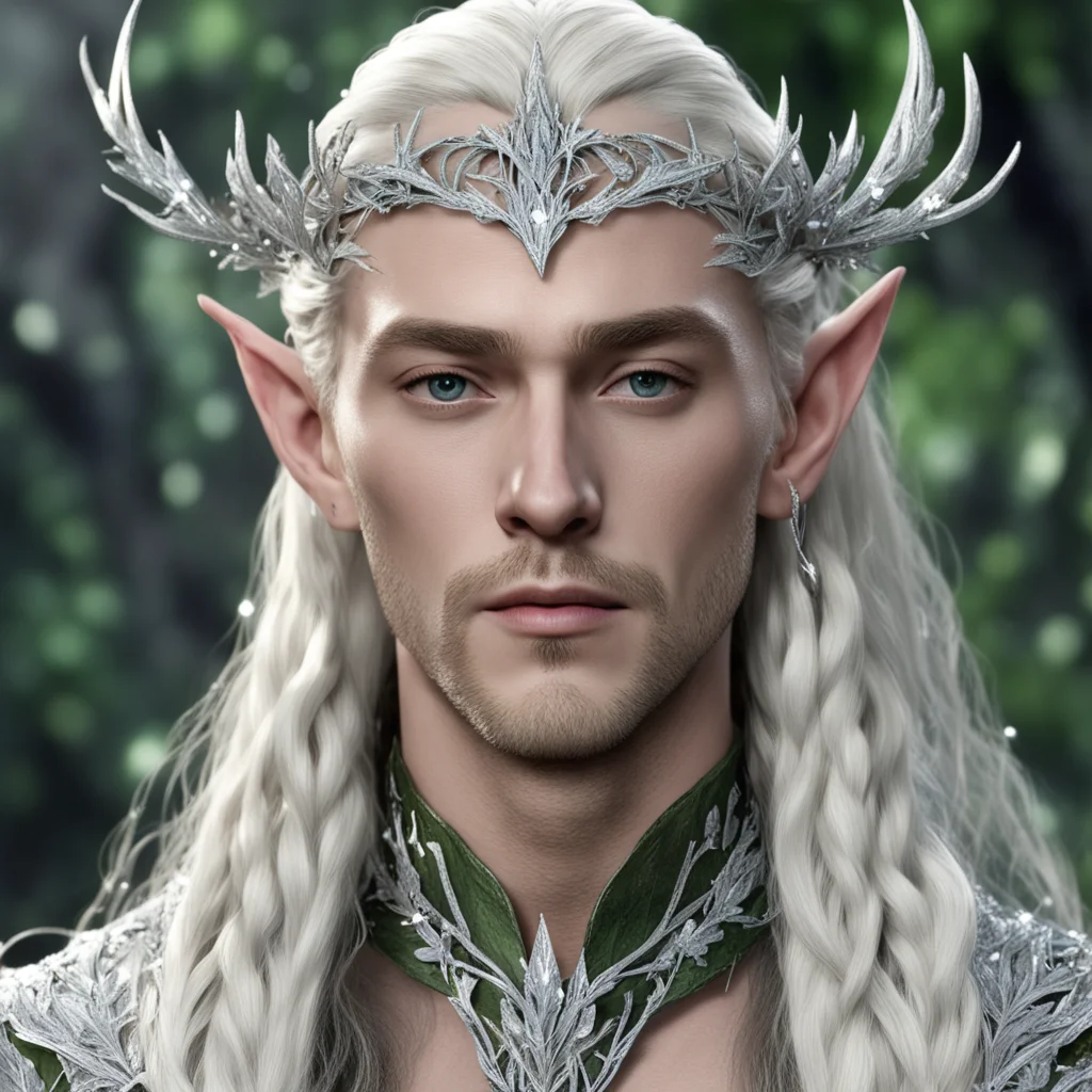 king thranduil with blond hair and braids wearing silver cedar leaves encrusted with diamonds with large diamond clusters to form a silver elvish circlet with large center diamond amazing awesome po