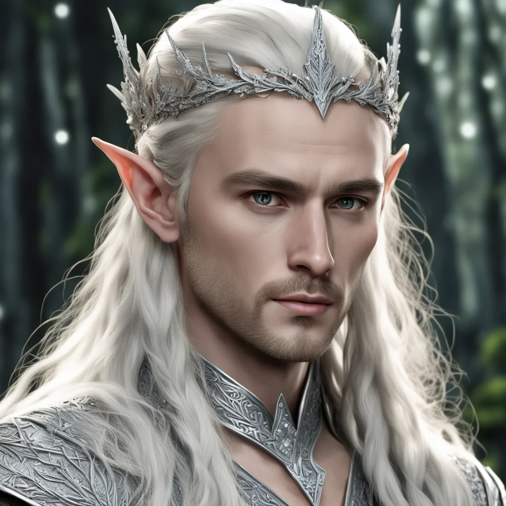 aiking thranduil with blond hair and braids wearing silver cedar leaves encrusted with diamonds with large diamond clusters to form a silver elvish circlet with large center diamond