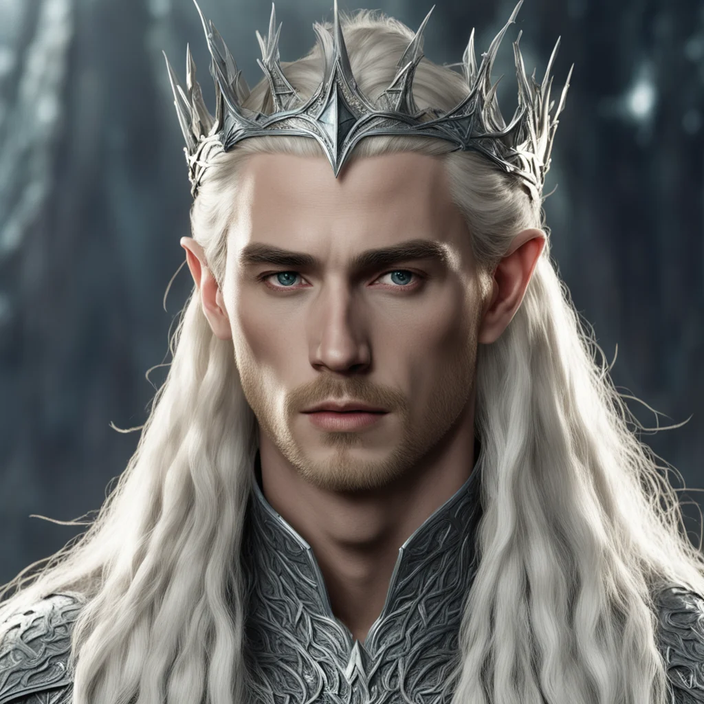 aiking thranduil with blond hair and braids wearing silver crown of thorns encrusted with diamond with large center diamond  confident engaging wow artstation art 3