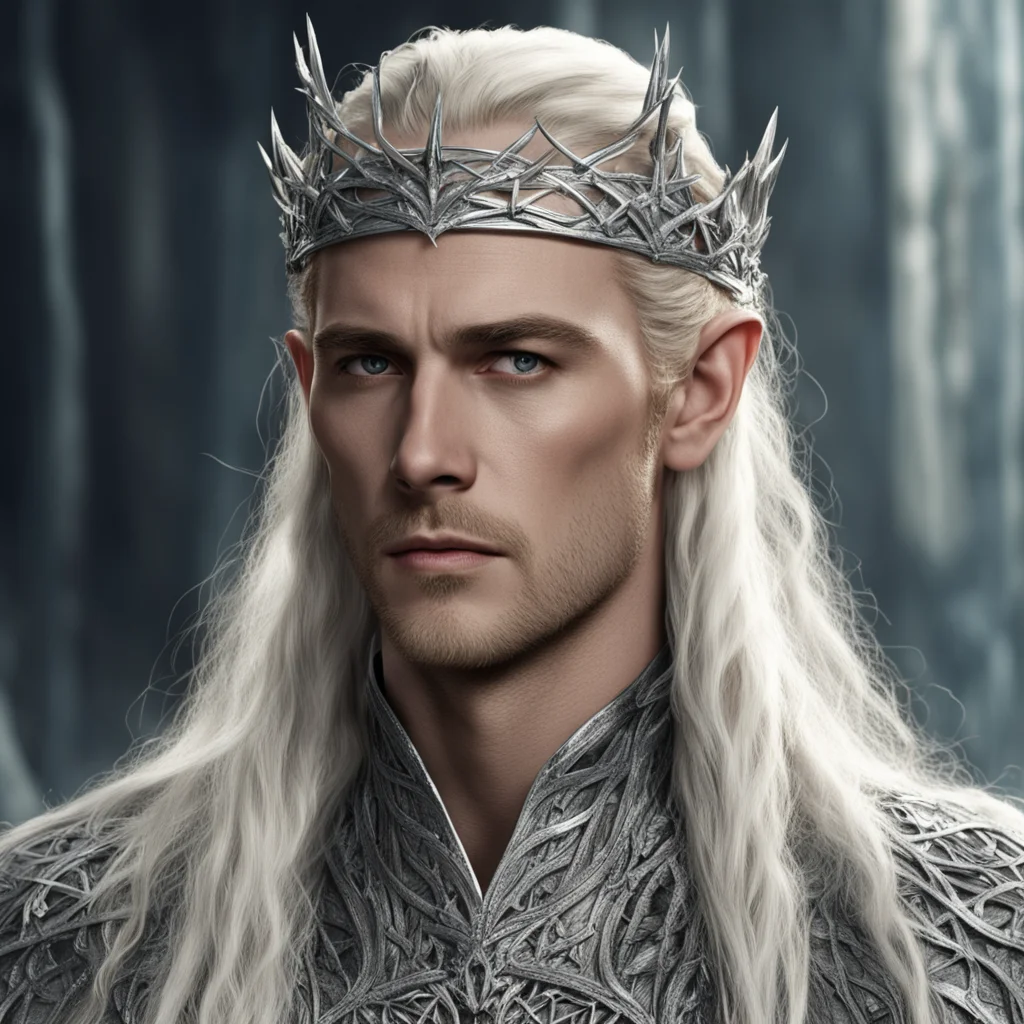 aiking thranduil with blond hair and braids wearing silver crown of thorns encrusted with diamond with large center diamond 
