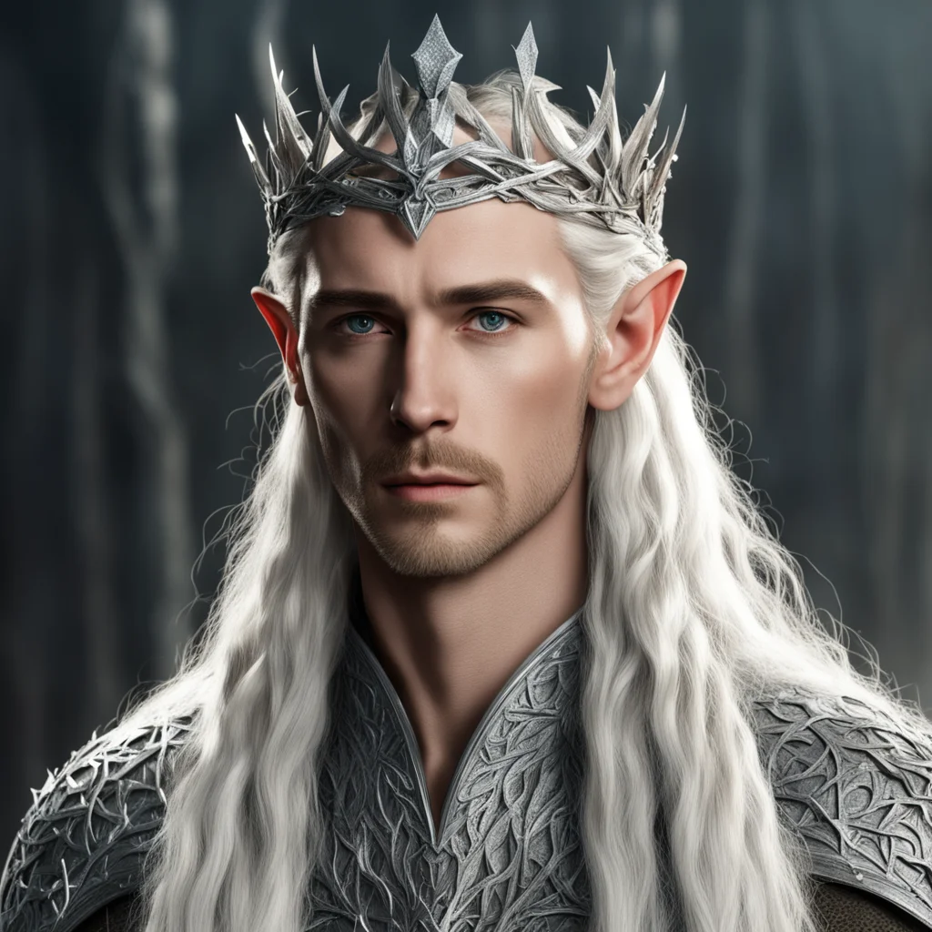 king thranduil with blond hair and braids wearing silver crown of thorns encrusted with diamond with large center diamond confident engaging wow artstation art 3