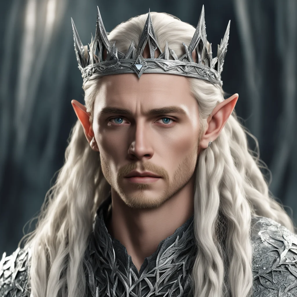 aiking thranduil with blond hair and braids wearing silver crown of thorns encrusted with diamond with large center diamond