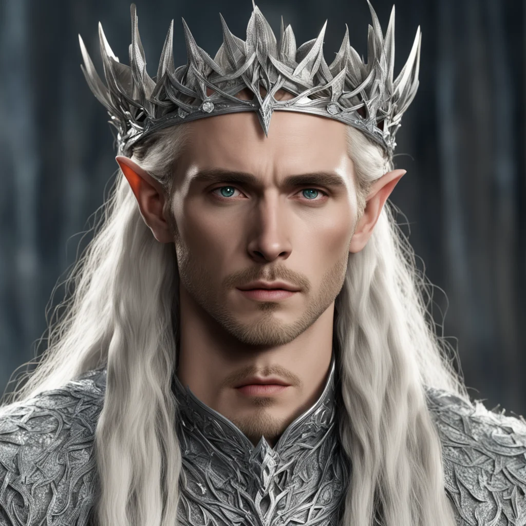 aiking thranduil with blond hair and braids wearing silver crown of thorns encrusted with large diamonds with large center diamond amazing awesome portrait 2