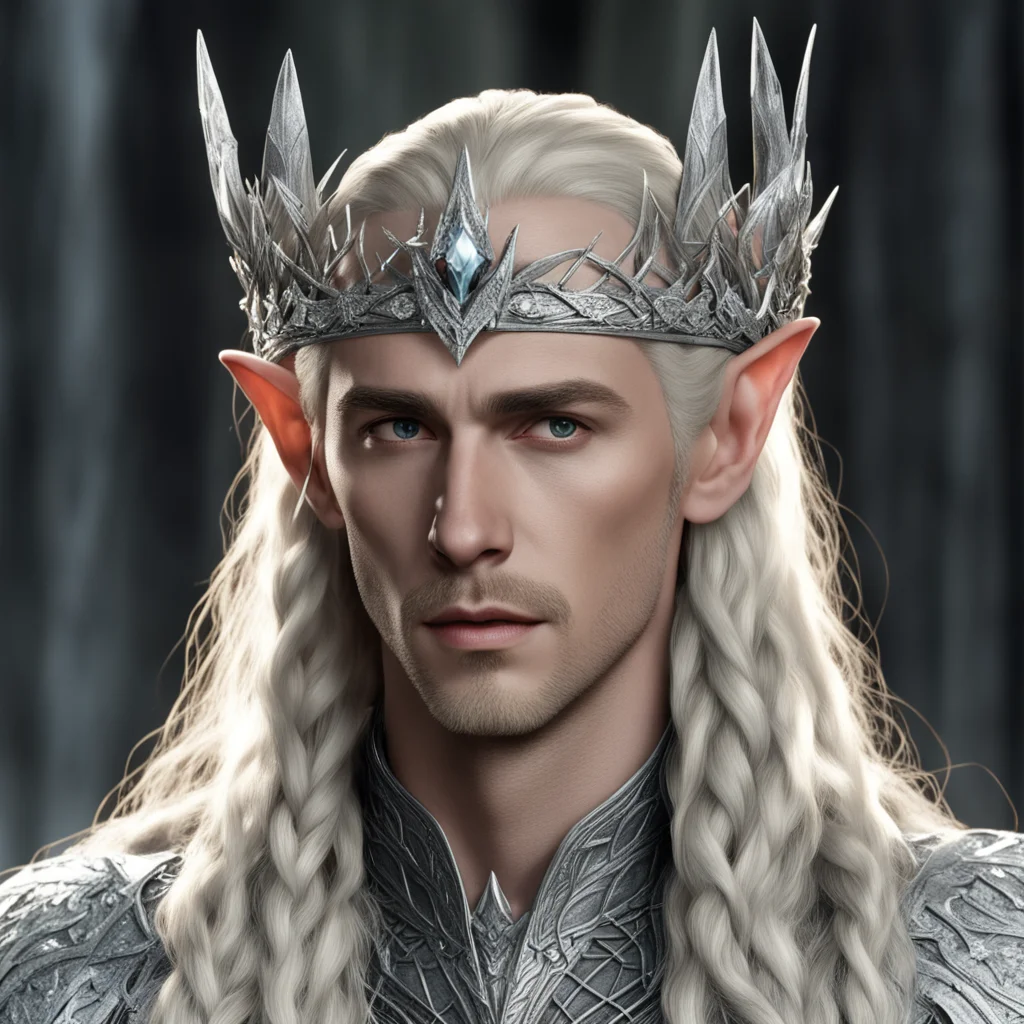 aiking thranduil with blond hair and braids wearing silver crown of thorns encrusted with large diamonds with large center diamond confident engaging wow artstation art 3
