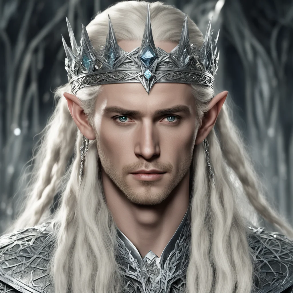 aiking thranduil with blond hair and braids wearing silver crown of thorns encrusted with large diamonds with large center diamond good looking trending fantastic 1