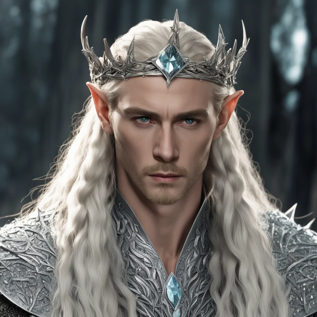 aiking thranduil with blond hair and braids wearing silver crown of thorns encrusted with large diamonds with large center diamond
