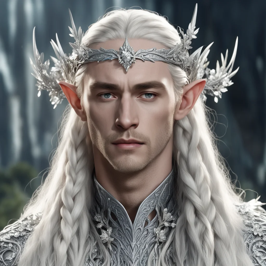 aiking thranduil with blond hair and braids wearing silver diamond flowers to form a silver elvish coronet encrusted with diamonds with large center diamonds amazing awesome portrait 2