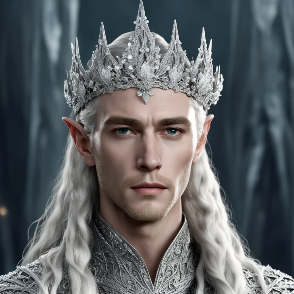 king thranduil with blond hair and braids wearing silver diamond flowers to form a silver elvish coronet encrusted with diamonds with large center diamonds confident engaging wow artstation art 3.we
