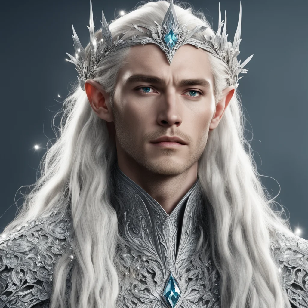 king thranduil with blond hair and braids wearing silver diamond flowers to form a silver elvish coronet encrusted with diamonds with large center diamonds good looking trending fantastic 1