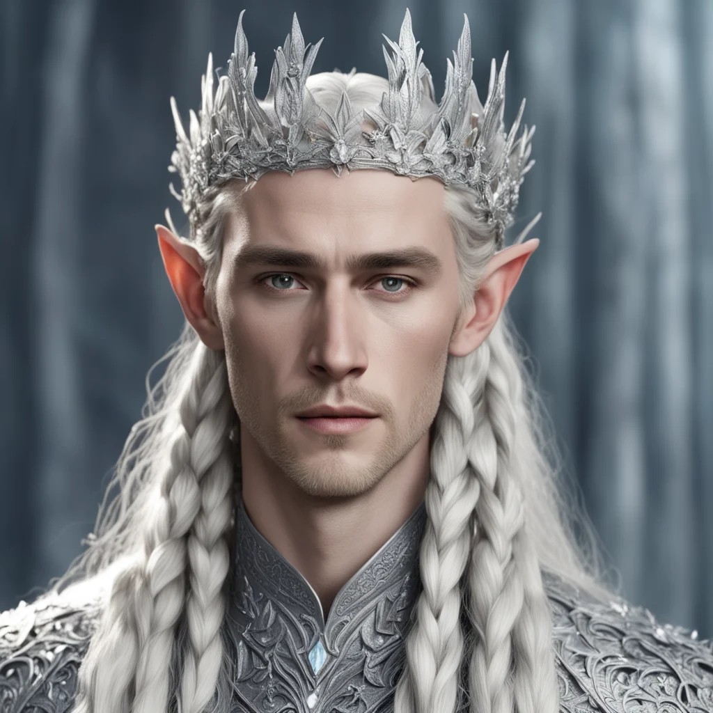 aiking thranduil with blond hair and braids wearing silver diamond flowers to form a silver elvish coronet encrusted with diamonds with large center diamonds