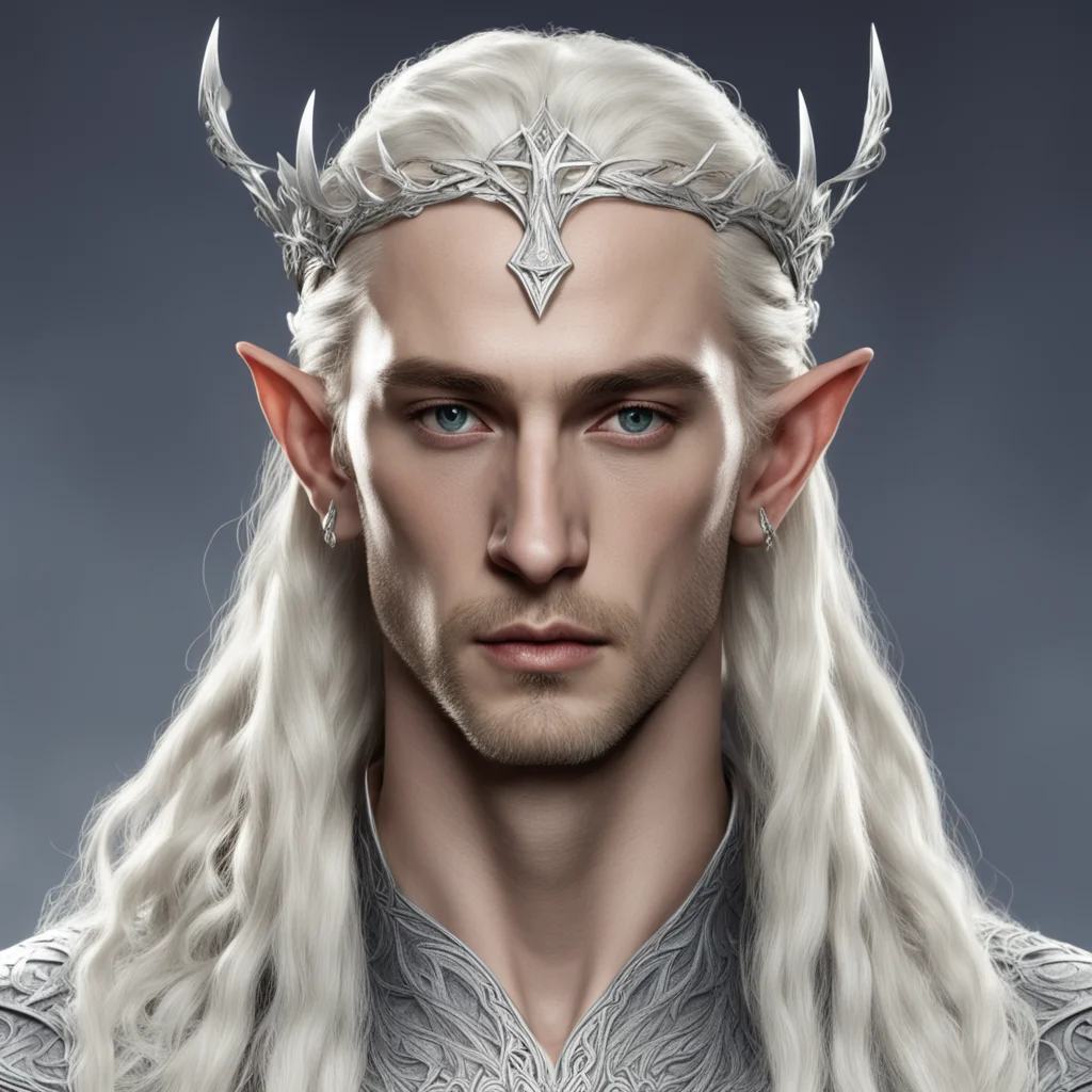 aiking thranduil with blond hair and braids wearing silver diamond rosettes to form a silver elvish circlet with large center diamond amazing awesome portrait 2