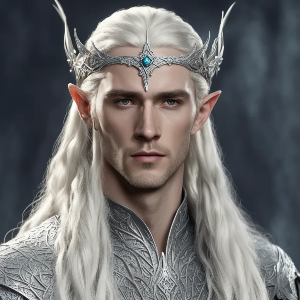 aiking thranduil with blond hair and braids wearing silver diamond rosettes to form a silver elvish circlet with large center diamond good looking trending fantastic 1