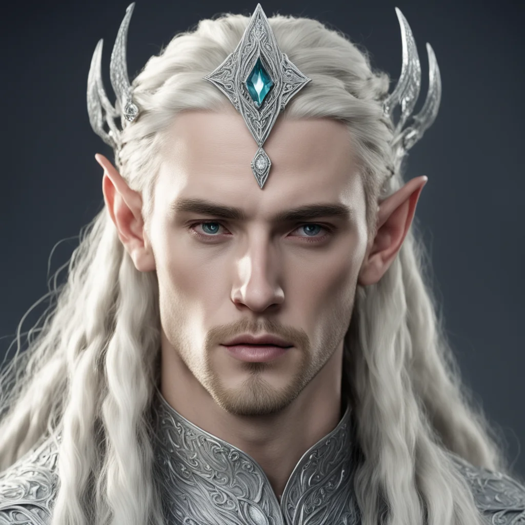 aiking thranduil with blond hair and braids wearing silver diamond rosettes to form a silver elvish circlet with large center diamond