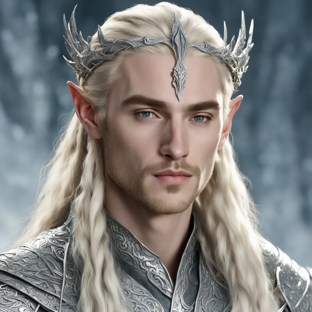 aiking thranduil with blond hair and braids wearing silver dragon elvish circlet encrusted with diamonds with large center diamond  good looking trending fantastic 1