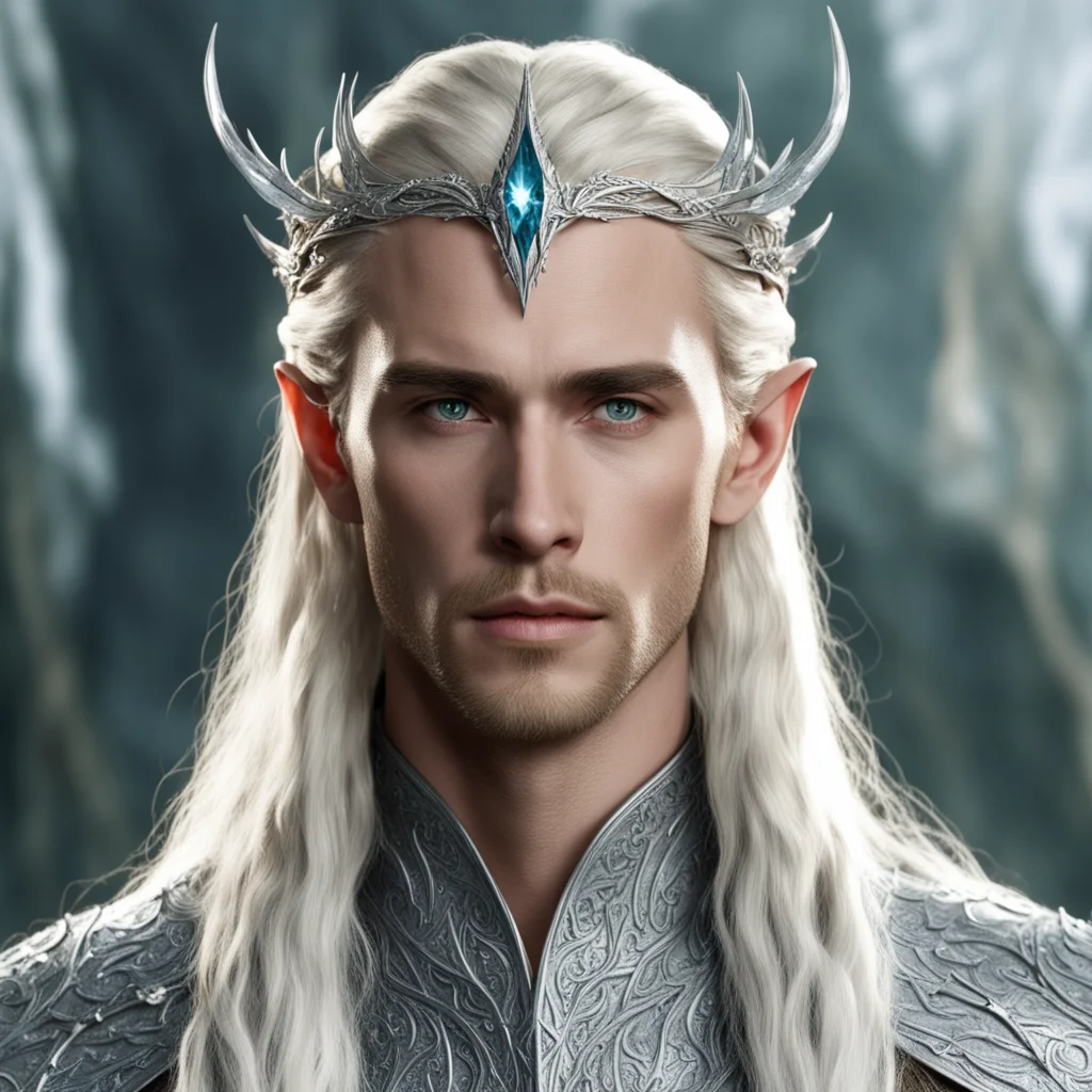 king thranduil with blond hair and braids wearing silver dragon elvish circlet encrusted with diamonds with large center diamond 