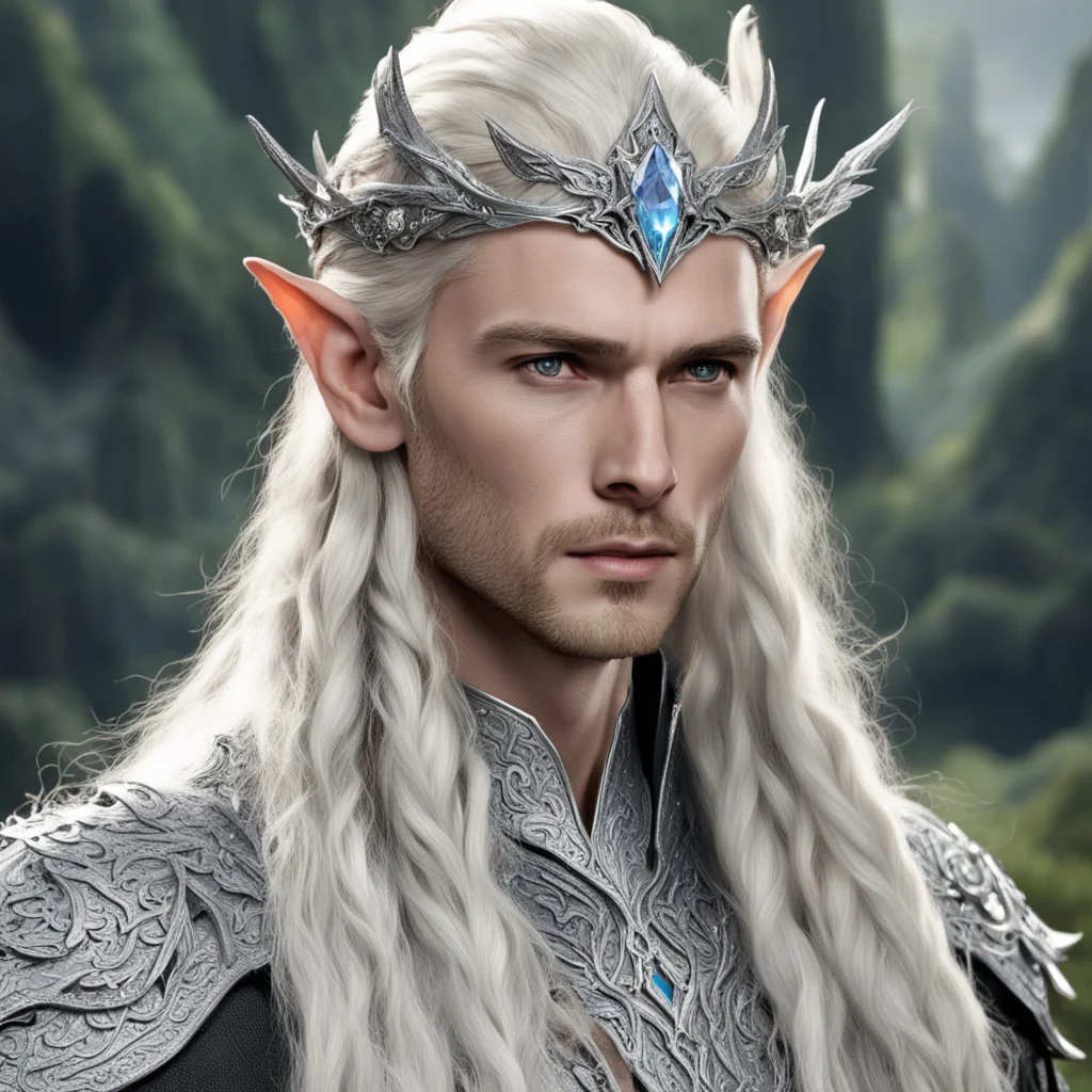 king thranduil with blond hair and braids wearing silver dragon elvish circlet encrusted with diamonds with large center diamond amazing awesome portrait 2