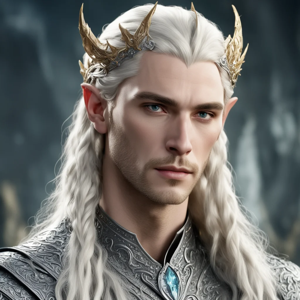 king thranduil with blond hair and braids wearing silver dragon elvish circlet encrusted with diamonds with large center diamond good looking trending fantastic 1