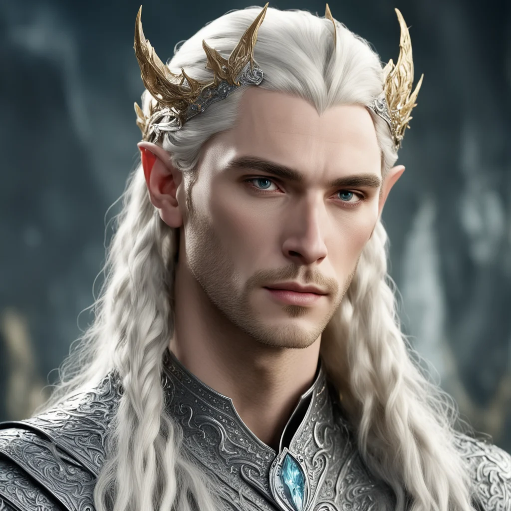aiking thranduil with blond hair and braids wearing silver dragon elvish circlet encrusted with diamonds with large center diamond good looking trending fantastic 1