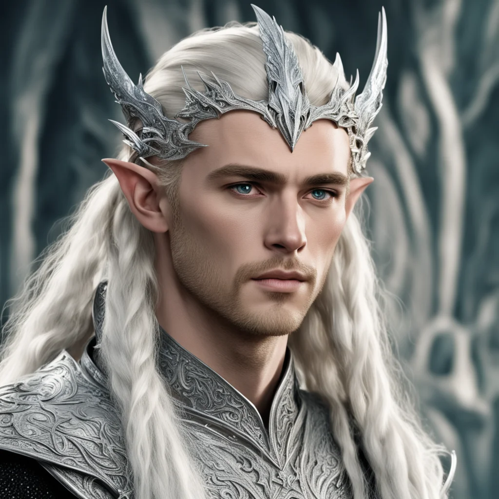 aiking thranduil with blond hair and braids wearing silver dragon elvish circlet encrusted with diamonds with large diamond at the center amazing awesome portrait 2