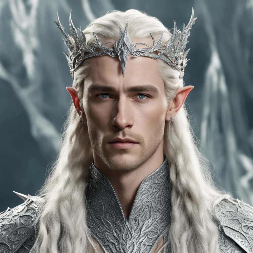 king thranduil with blond hair and braids wearing silver dragon elvish circlet encrusted with diamonds with large diamond at the center confident engaging wow artstation art 3
