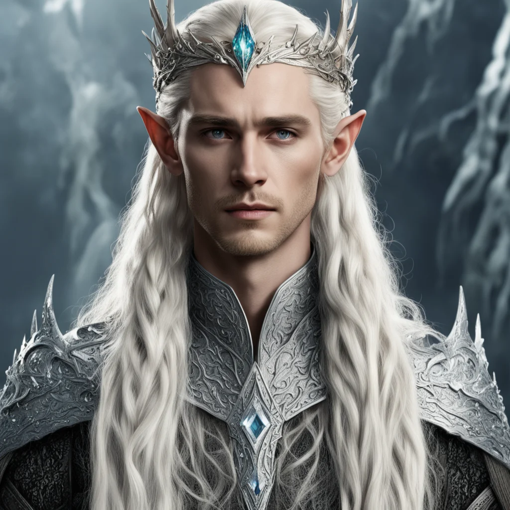 king thranduil with blond hair and braids wearing silver dragon elvish circlet encrusted with diamonds with large diamond at the center good looking trending fantastic 1