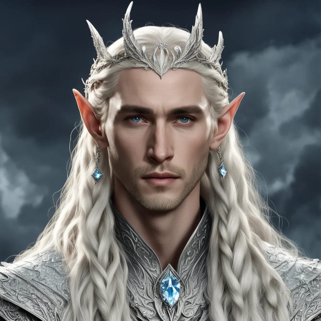 aiking thranduil with blond hair and braids wearing silver dragon elvish circlet encrusted with diamonds with large diamond at the center