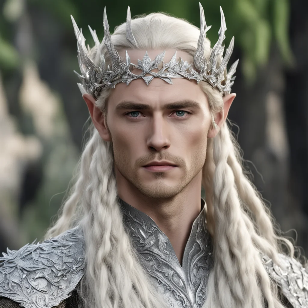 king thranduil with blond hair and braids wearing silver elm circlet encrusted with diamonds and large diamond clusters amazing awesome portrait 2