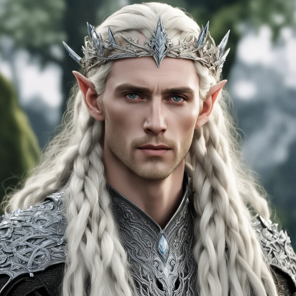 aiking thranduil with blond hair and braids wearing silver elm circlet encrusted with diamonds and large diamond clusters confident engaging wow artstation art 3