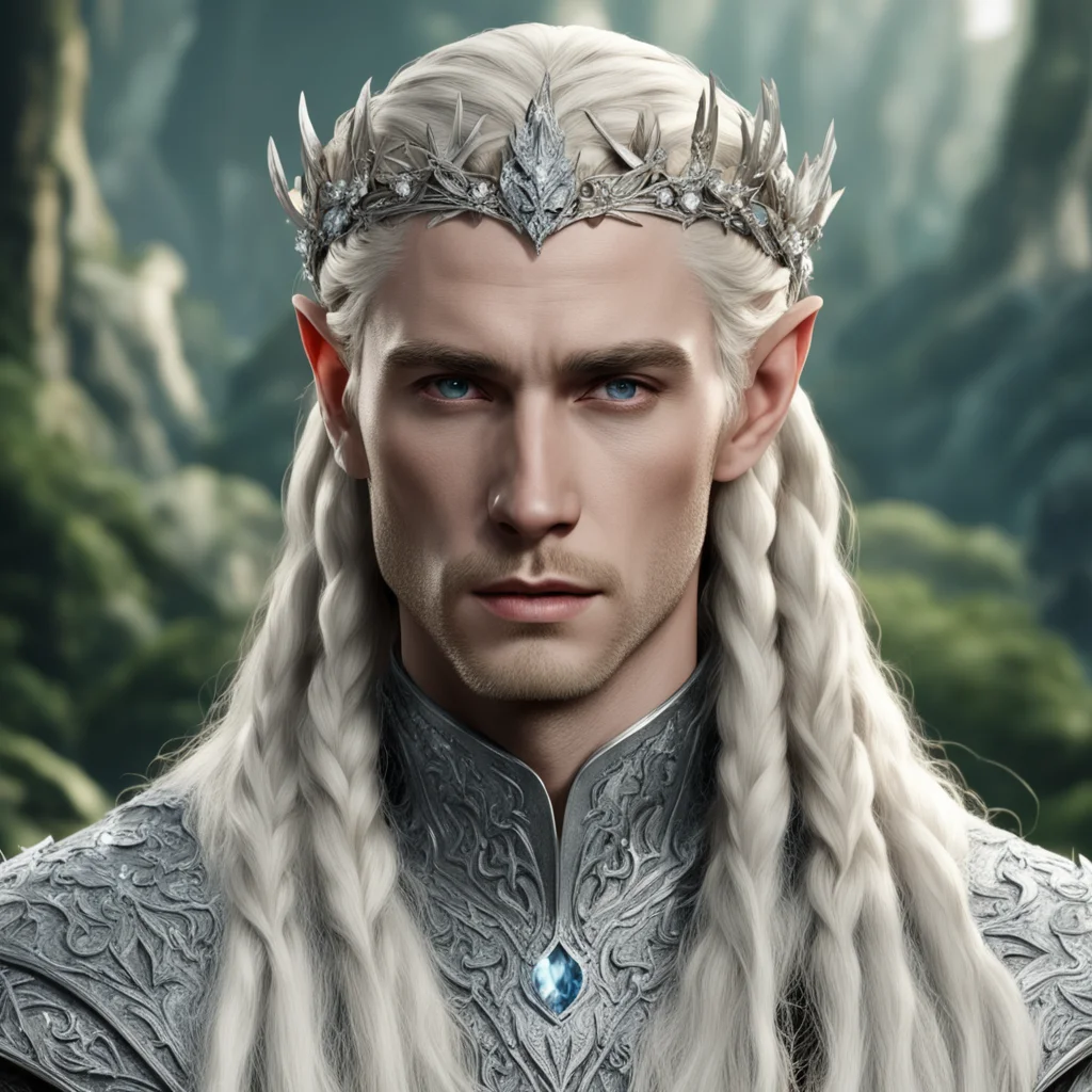 aiking thranduil with blond hair and braids wearing silver elm circlet encrusted with diamonds and large diamond clusters good looking trending fantastic 1