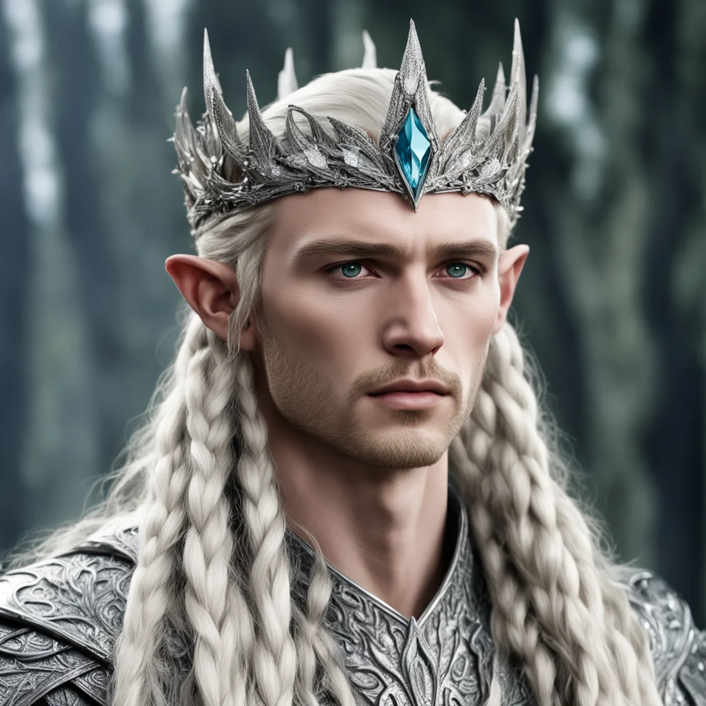 aiking thranduil with blond hair and braids wearing silver elm circlet encrusted with diamonds and large diamond clusters