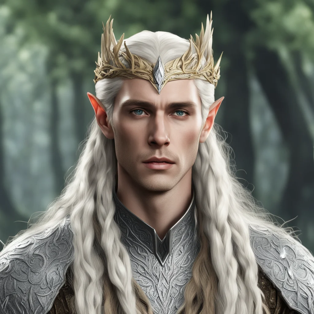 aiking thranduil with blond hair and braids wearing silver elm leaf with large diamonds elvish circlet amazing awesome portrait 2