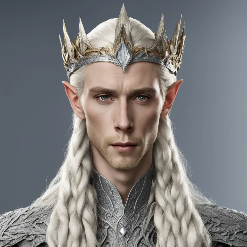 aiking thranduil with blond hair and braids wearing silver elm leaf with large diamonds elvish circlet confident engaging wow artstation art 3
