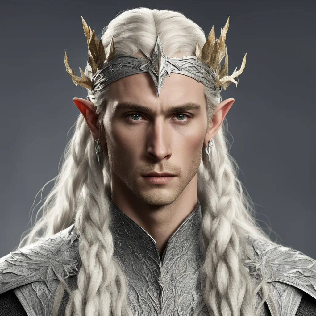 aiking thranduil with blond hair and braids wearing silver elm leaf with large diamonds elvish circlet good looking trending fantastic 1