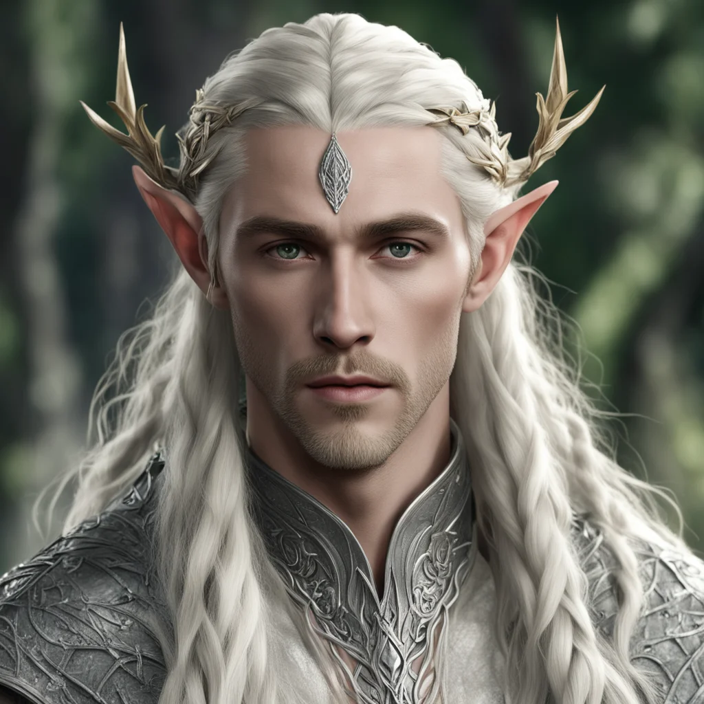 aiking thranduil with blond hair and braids wearing silver elm leaf with large diamonds elvish circlet