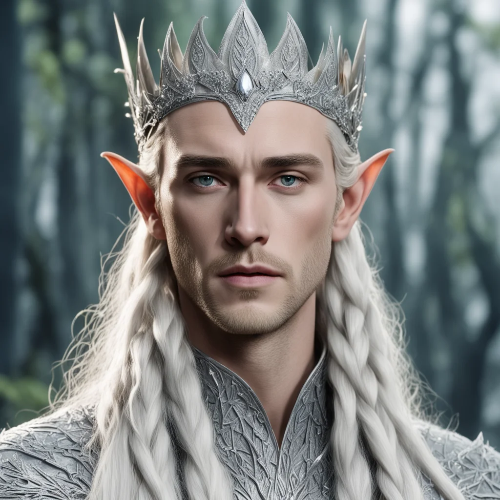 aiking thranduil with blond hair and braids wearing silver elvish circlet comprised on small silver leaves encrusted with diamonds with large center diamond amazing awesome portrait 2