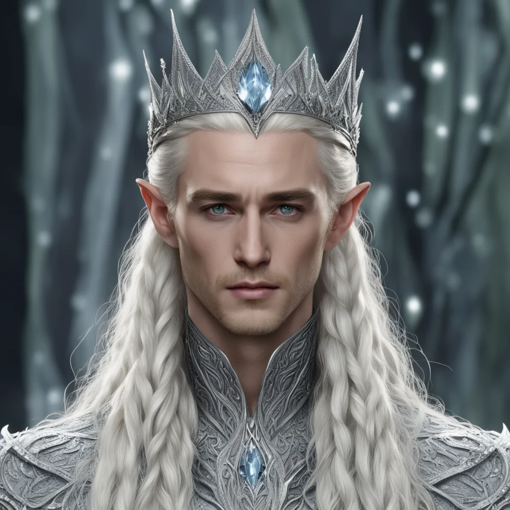 aiking thranduil with blond hair and braids wearing silver elvish circlet comprised on small silver leaves encrusted with diamonds with large center diamond good looking trending fantastic 1