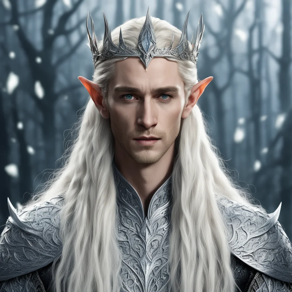 aiking thranduil with blond hair and braids wearing silver elvish circlet comprised on small silver leaves encrusted with diamonds with large center diamond