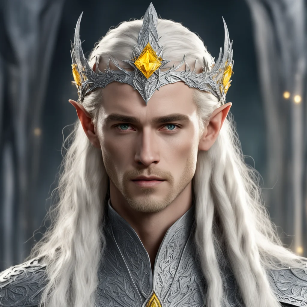 aiking thranduil with blond hair and braids wearing silver elvish circlet encrusted with diamond with large center yellow diamond amazing awesome portrait 2