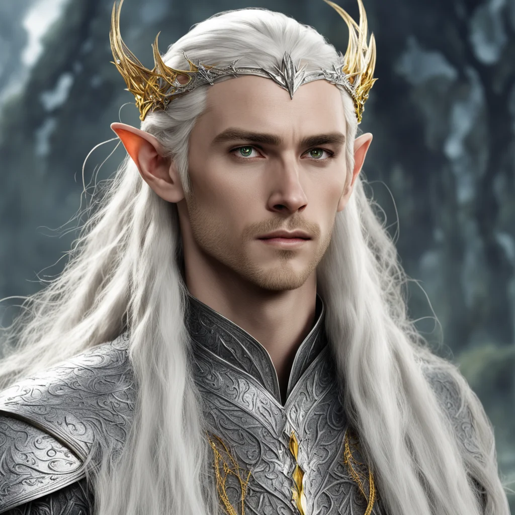 king thranduil with blond hair and braids wearing silver elvish circlet encrusted with diamond with large center yellow diamond confident engaging wow artstation art 3