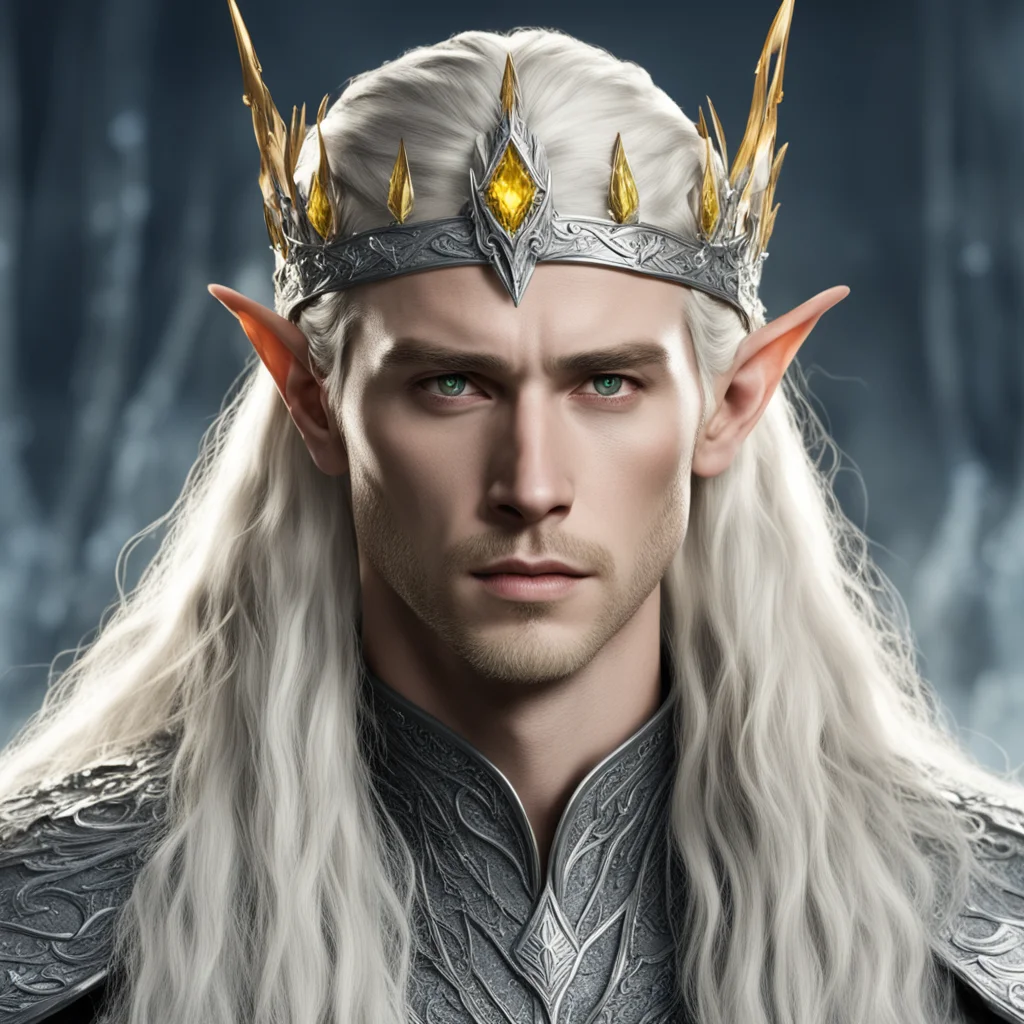 aiking thranduil with blond hair and braids wearing silver elvish circlet encrusted with diamond with large center yellow diamond good looking trending fantastic 1