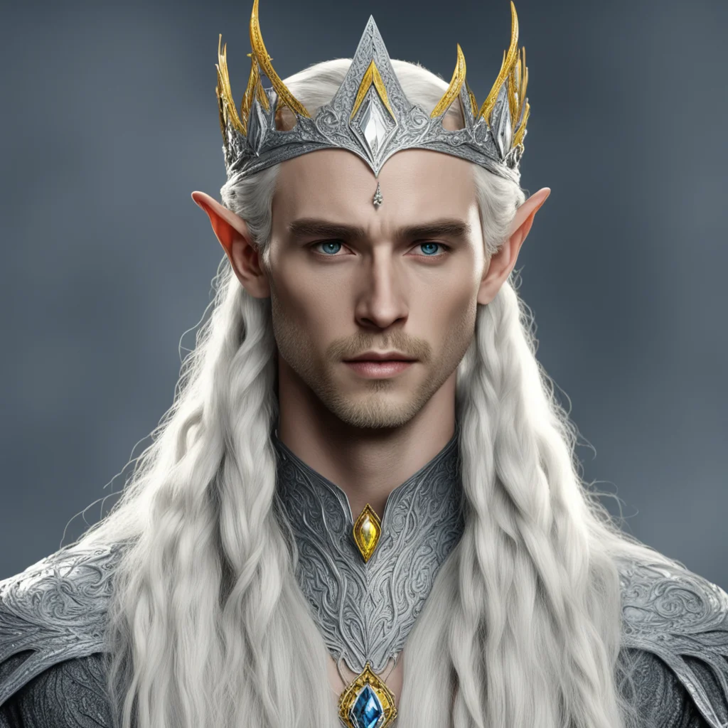 king thranduil with blond hair and braids wearing silver elvish circlet encrusted with diamond with large center yellow diamond