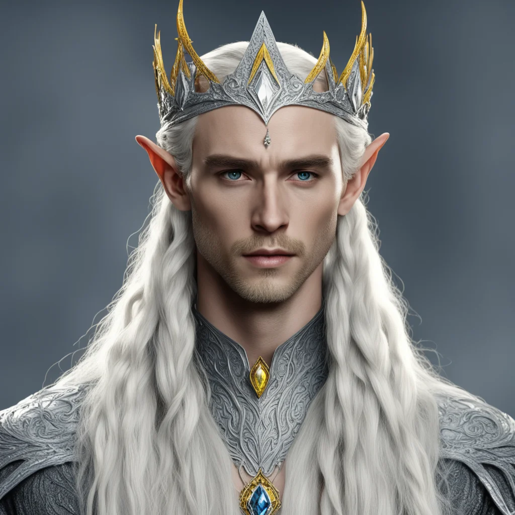 aiking thranduil with blond hair and braids wearing silver elvish circlet encrusted with diamond with large center yellow diamond