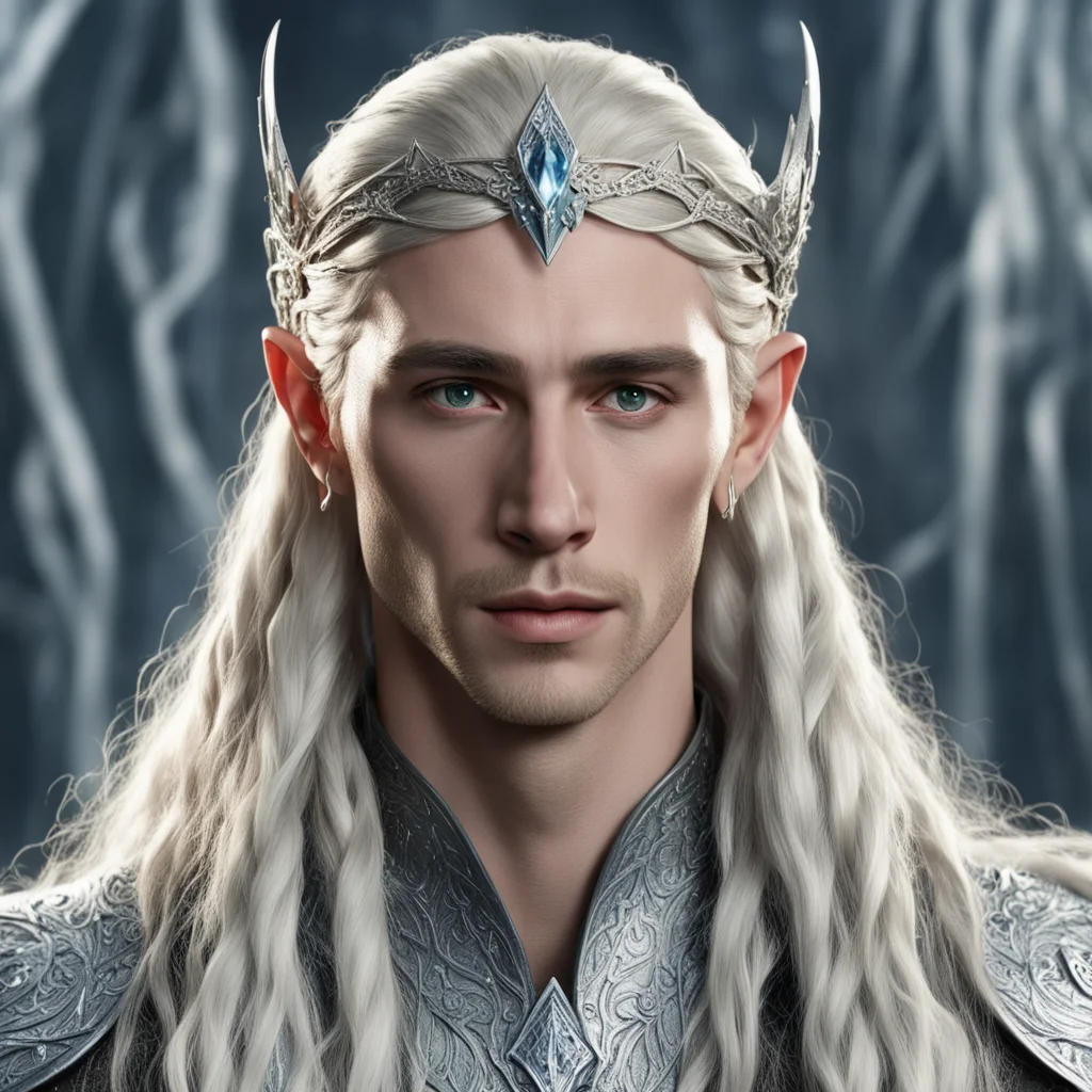 aiking thranduil with blond hair and braids wearing silver elvish circlet encrusted with diamonds with large center diamond amazing awesome portrait 2