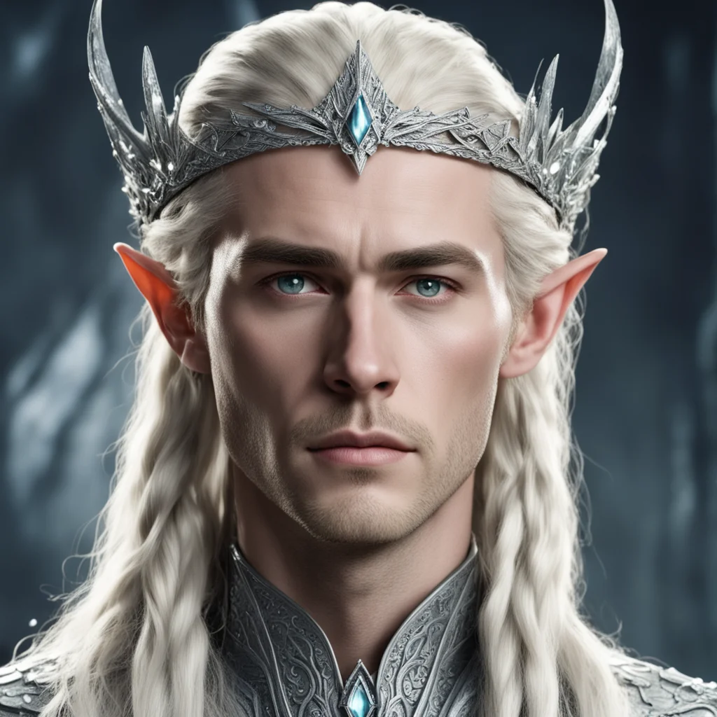 aiking thranduil with blond hair and braids wearing silver elvish circlet encrusted with diamonds with large center diamond confident engaging wow artstation art 3