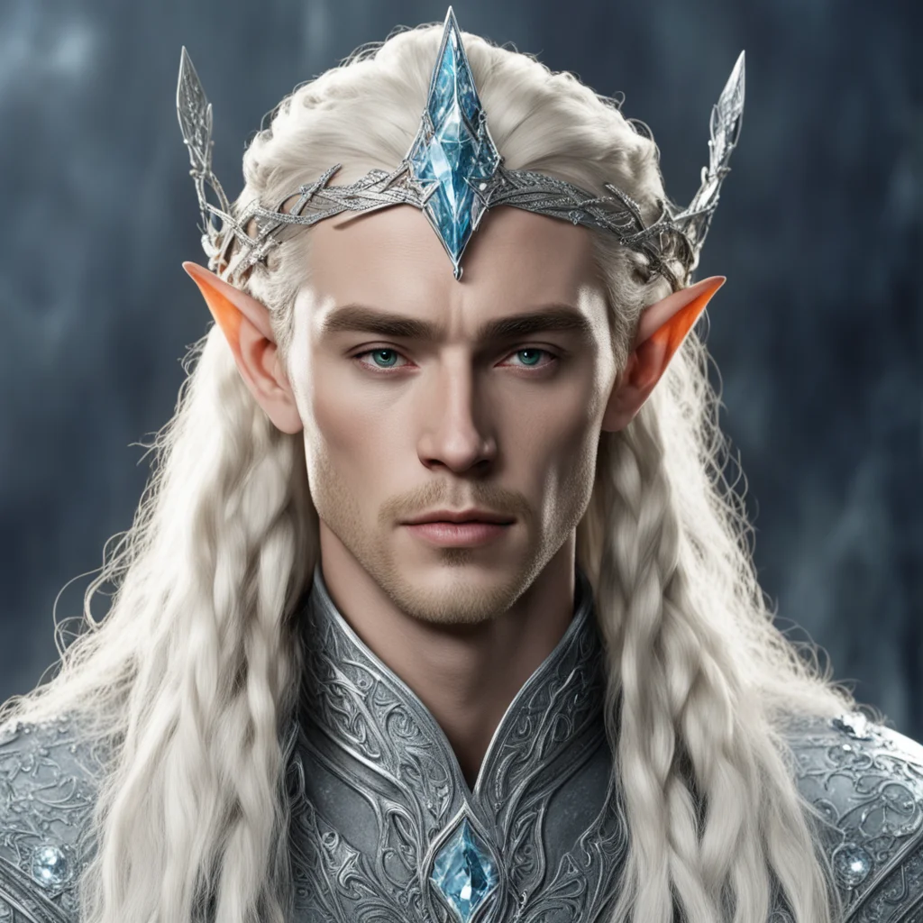 king thranduil with blond hair and braids wearing silver elvish circlet encrusted with diamonds with large center diamond good looking trending fantastic 1