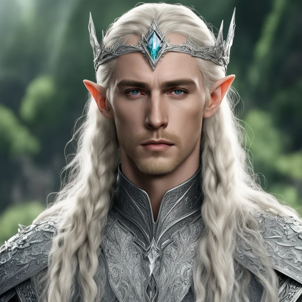 king thranduil with blond hair and braids wearing silver elvish circlet encrusted with diamonds with large center diamond