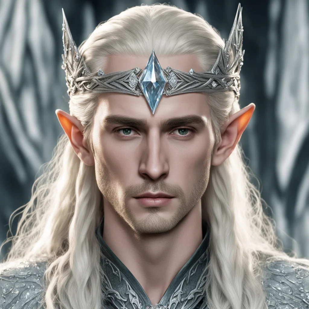 aiking thranduil with blond hair and braids wearing silver elvish circlet encrusted with large diamonds with large center diamond amazing awesome portrait 2