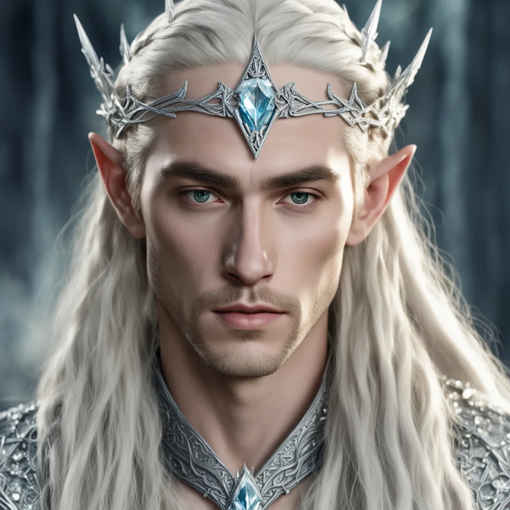 aiking thranduil with blond hair and braids wearing silver elvish circlet encrusted with large diamonds with large center diamond confident engaging wow artstation art 3